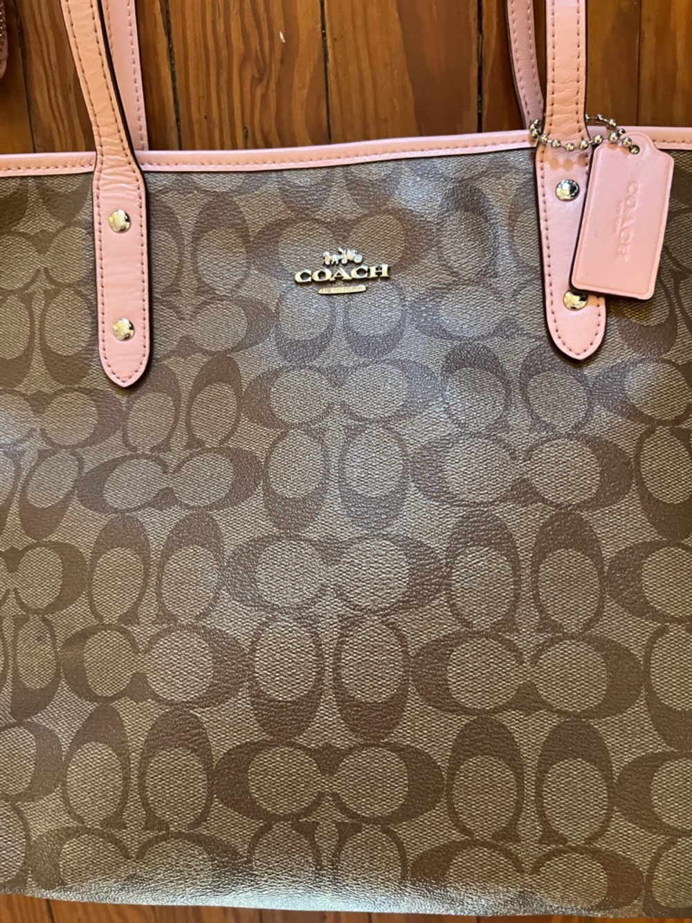 Coach Khaki/Blush Pink Signature City Zip Tote - Picture 4 of 11